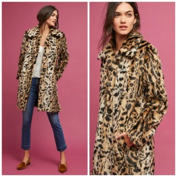 Anthropologie Matison Stone Faux Leopard Lined Two Pocket Coat SMALL - Picture 2 of 5